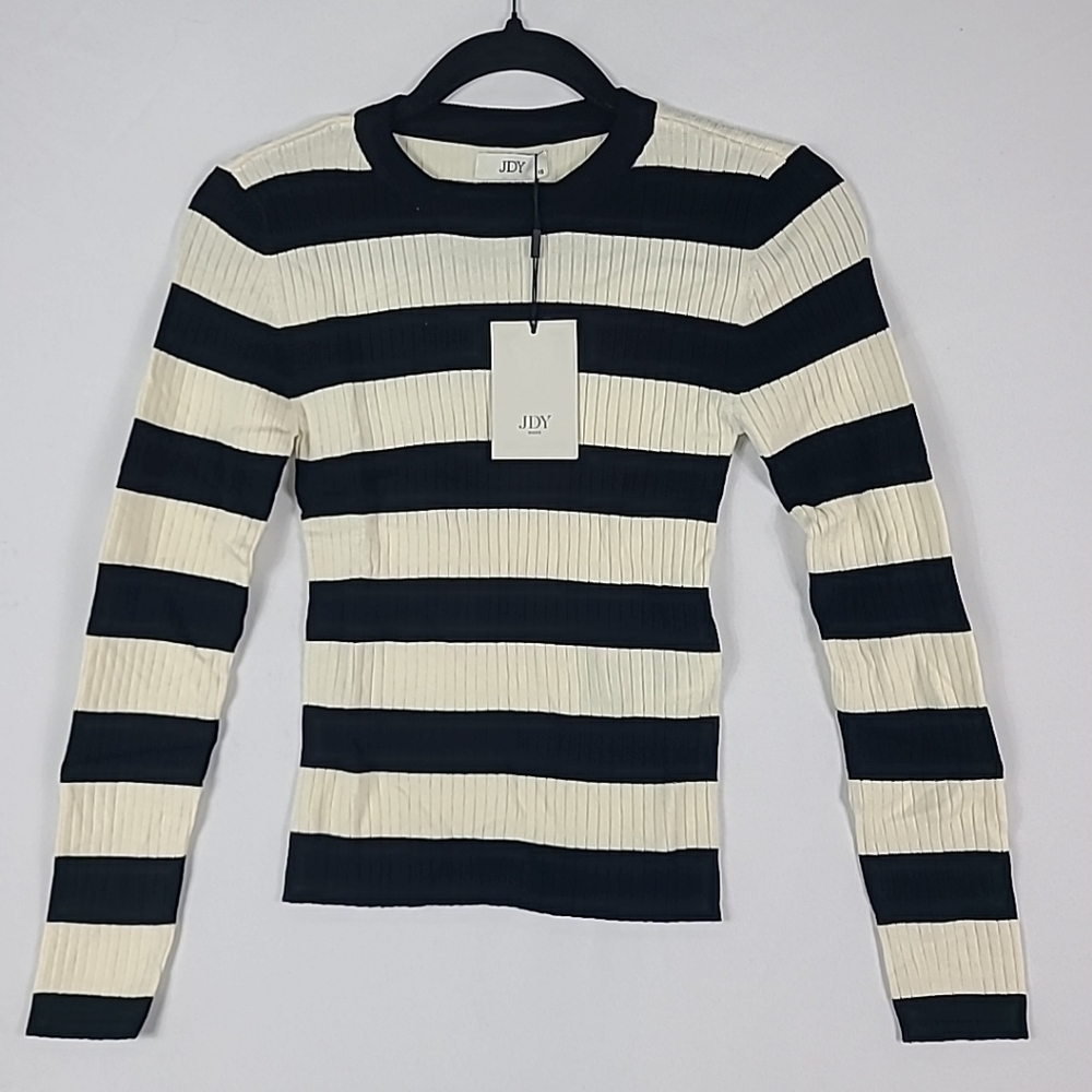 New JDY Noos Black Ivory Striped Long Sleeve Tunic Top Sz XS